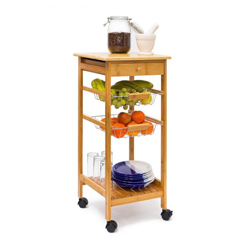 Rolling trolley bamboo kitchen trolley with 2 practical shelves, 2 metal mesh baskets and 1 drawer 