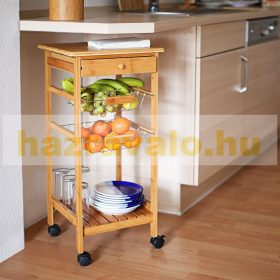   Zsúrkocsi gurulós bambusz konyhakocsi 2 praktikus polccal, 2 fémhálós kosárral és 1 fiókkal 