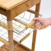 Rolling trolley bamboo kitchen trolley with 2 practical shelves, 2 metal mesh baskets and 1 drawer 