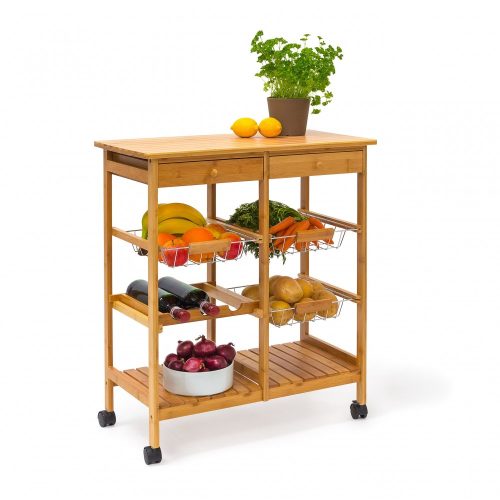 Rolling bamboo service cart, kitchen cart with 3 removable baskets, wine rack 