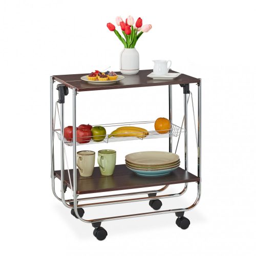 Rolling collapsible metal service cart with basket in brown color