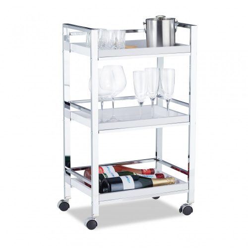 Service cart on wheels with 3 removable white trays and chrome frame