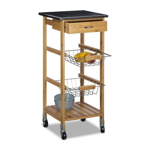 Kitchen cart on wheels with a marble surface with 1 drawer, 2 baskets and 1 shelf 