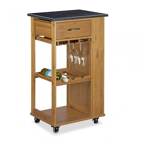 Kitchen cart on wheels with a marble surface and wine rack 