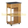 Kitchen cart on wheels with a marble surface and wine rack 