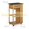 Kitchen cart on wheels with a marble surface and wine rack 