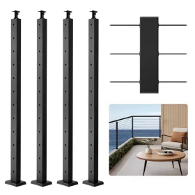   Kábeles korlátoszlop 4 db 106,7x3x5 cm fekete lépcsőkorlát oszlop horizontális lyukakkal