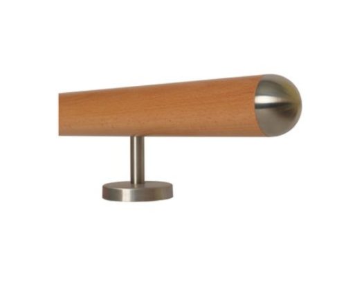 Stair railing with stainless steel straight support Ø 42 mm handrail with hemispherical end cap 140 cm beech wood 