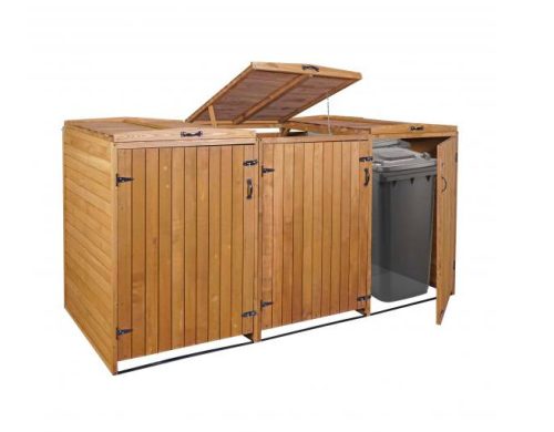 Garden trash bin wooden trash bin storage 3 bins 126x237x98 cm brown pine wood garbage holder