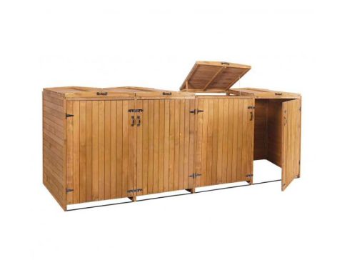 Garden trash bin wooden trash bin storage 4 bins 126x316x98 cm brown pine wood garbage bin holder