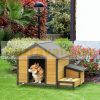 Wooden dog house 130x93x92 cm insulated pet house with 2 dog bowls with bitumen roof outdoor weatherproof pine 