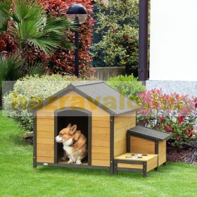   Fa kutyaház 130x93x92 cm szigetelt kisállat ház 2 kutyatállal bitumentetős kültéri időjárásálló fenyőből 