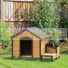 Wooden dog house 130x93x92 cm insulated pet house with 2 dog bowls with bitumen roof outdoor weatherproof pine 