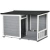 Dog house 103x62x66 cm with 2 feeding bowls, veranda weatherproof wood, gray-white