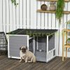 Dog house 103x62x66 cm with 2 feeding bowls, veranda weatherproof wood, gray-white