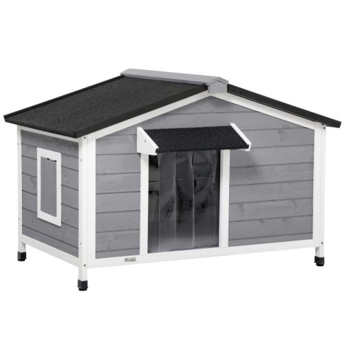 Dog house 109x79x72 cm made of solid wood, weatherproof, with a bitumen roof, gray - white