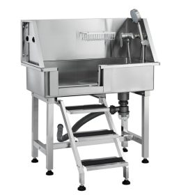   Kutyakozmetikai kád 863 mm rozsdamentes acél kisállat fürdető kutyamosó állomás 100 kg-ig lépcsővel, baloldali ajtóval