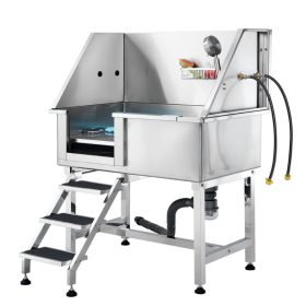   Kutyakozmetikai kád 965 mm rozsdamentes acél kisállat fürdető kutyamosó állomás 100 kg-ig lépcsővel, baloldali ajtóval