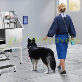   Kutyakozmetikai kád 965 mm rozsdamentes acél kisállat fürdető kutyamosó állomás 100 kg-ig lépcsővel, baloldali ajtóval