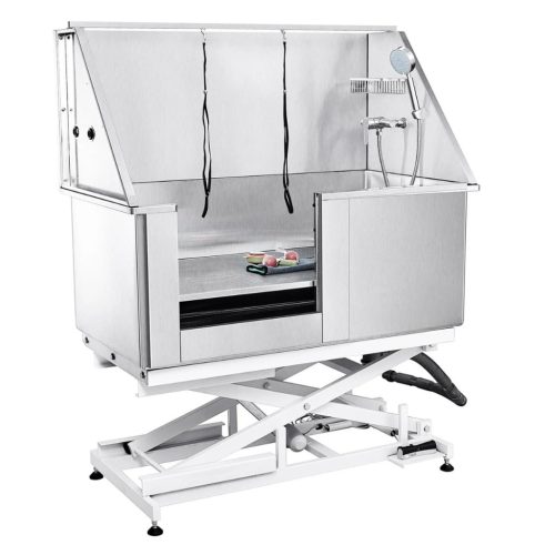 Kutyakozmetikai kád elektromosan állítható 127 cm rozsdamentes acél kutyafürdető állomás, 150 kg teherbírás, bal oldali ajtó