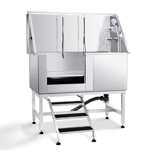 Kutyakozmetikai kád 127 cm rozsdamentes acél kutyafürdető állomás, 150 kg teherbírású bal oldali ajtóval