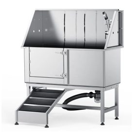   Professzionális kutyakozmetikai kád 127 cm 150 kg teherbírású, bal oldali ajtóval rozsdamentes acél kutyafürdető állomás