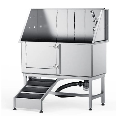 Professzionális kutyakozmetikai kád 127 cm 150 kg teherbírású, bal oldali ajtóval rozsdamentes acél kutyafürdető állomás