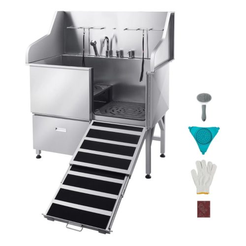 Rozsdamentes acél kutyafürdető állomás 127×79,5×143,5 cm kutyakozmetikai kád rámpával, tárolófiókkal, jobb oldali ajtóval