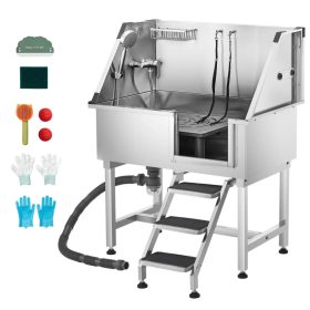   Rozsdamentes acél kutyafürdető kád 96×62×122 cm kutyakozmetikai kád jobb oldali ajtóval lépcsővel 