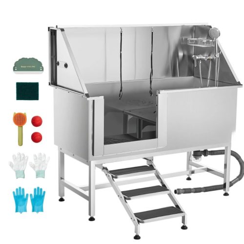 Rozsdamentes acél kutyafürdető állomás 150×70×149,5 cm kutyakozmetikai kád lépcsővel bal oldali ajtóval