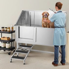   Rozsdamentes acél kutyafürdető állomás 150×70×149,5 cm kutyakozmetikai kád lépcsővel bal oldali ajtóval