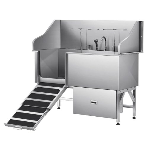 Kutyafürdető állomás 155×79×147 cm kutyakozmetikai kád lehajtható rámpával, tárolófiókkal, bal oldali ajtóval
