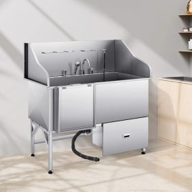   Kutyafürdető állomás 155×79×147 cm kutyakozmetikai kád lehajtható rámpával, tárolófiókkal, bal oldali ajtóval