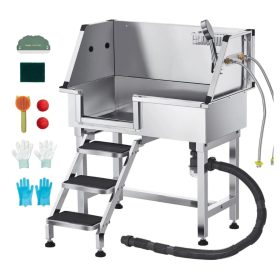   Rozsdamentes acél kutyafürdető állomás 87×49×102 cm kutyakozmetikai kád rámpával, bal oldali ajtóval