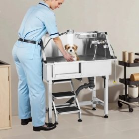   Rozsdamentes acél kutyafürdető állomás 87×49×102 cm kutyakozmetikai kád rámpával, bal oldali ajtóval