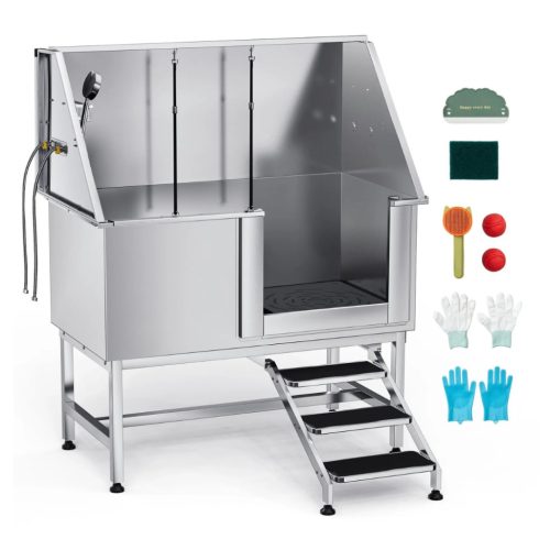 Rozsdamentes acél kutyafürdető állomás 127×70×154,5 cm kutyakozmetikai kád jobb oldali ajtóval 