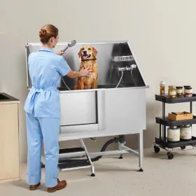   Rozsdamentes acél kutyafürdető kád 127×70×154,5 cm kutyakozmetikai kád lépcsővel, bal oldali ajtóval