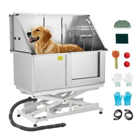   Elektromos emelős kutyafürdető állomás 127×70×134–190 cm rozsdamentes acél kutyakozmetikai kád jobb oldali ajtóval