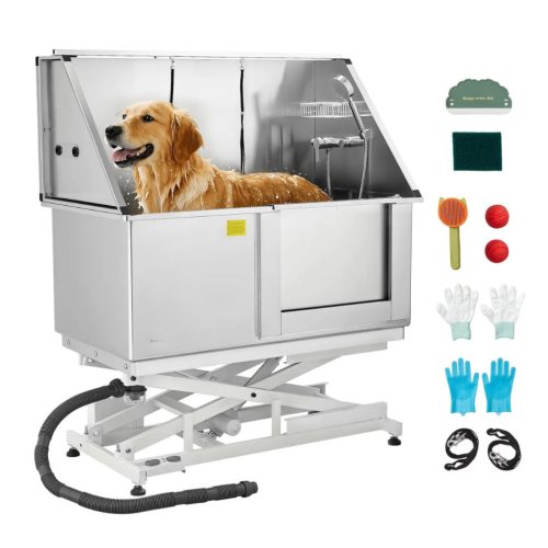 Elektromos emelős kutyafürdető állomás 127×70×134–190 cm rozsdamentes acél kutyakozmetikai kád jobb oldali ajtóval