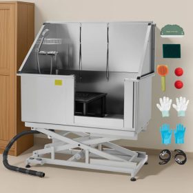   Elektromos emelős kutyafürdető állomás 127×70×134–190 cm rozsdamentes acél kutyakozmetikai kád jobb oldali ajtóval