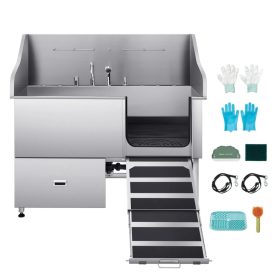   Kutyafürdető állomás 155×79×147 cm kutyakozmetikai kád lehajtható rámpával, beépített tárolóval, jobb oldali ajtóval