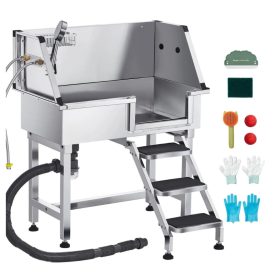   Kutyafürdető állomás 87×48,8×102,5 cm kutyakozmetikai kád lépcsővel, zuhanyfejjel és szappantartóval jobb oldali ajtóval