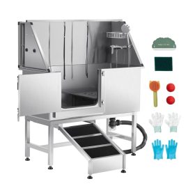   Rozsdamentes acél kutyafürdető állomás 127×58×149,5 cm kutyakozmetikai kád rámpával, bal oldali ajtóval