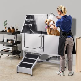   Rozsdamentes acél kutyafürdető állomás 127×58×149,5 cm kutyakozmetikai kád rámpával, bal oldali ajtóval