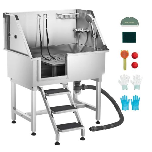 Rozsdamentes acél kutyafürdető kád 96×62×122 cm kutyakozmetikai kád lépcsővel bal oldali ajtóval 