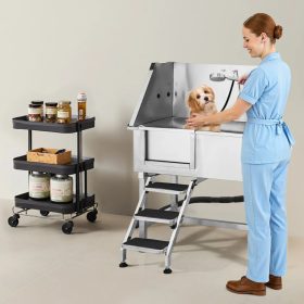   Rozsdamentes acél kutyafürdető kád 96×62×122 cm kutyakozmetikai kád lépcsővel bal oldali ajtóval 