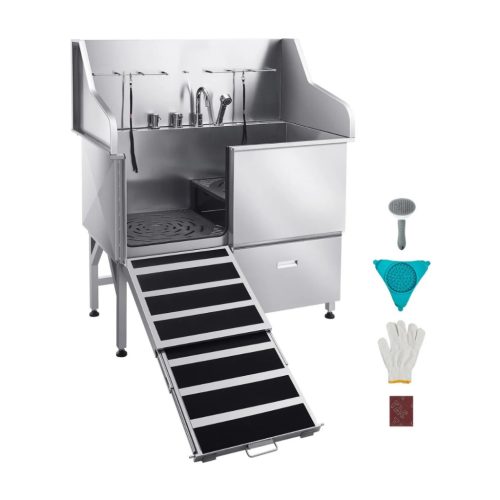 Kutyafürdető állomás 127×79,5×143,5 cm kutyakozmetikai kád rámpával, tárolófiókkal, bal oldali ajtóval