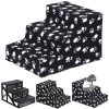 Pet, dog stairs 3 steps, black paw pattern, next to sofa, bed