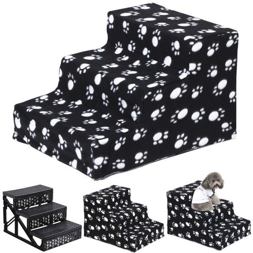 Pet, dog stairs 3 steps, black paw pattern, next to sofa, bed