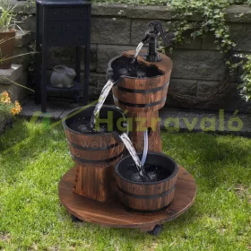   Kerti dekor kút fa hordó fém csappal kerti szökőkút 60x60x78 cm díszkút